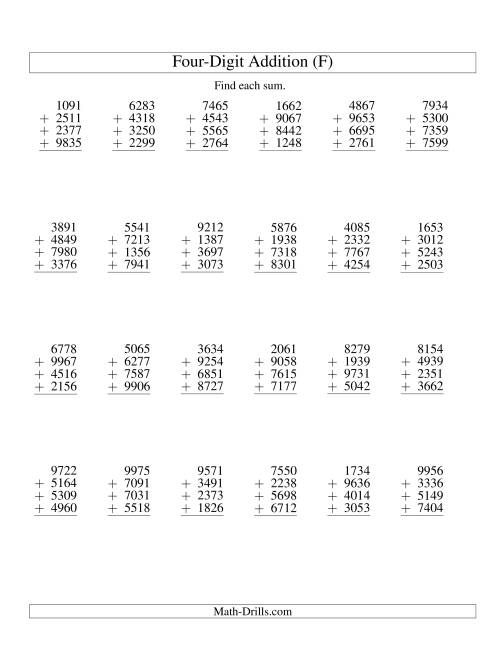 The Column Addition -- Four Four-Digit Numbers (F) Math Worksheet