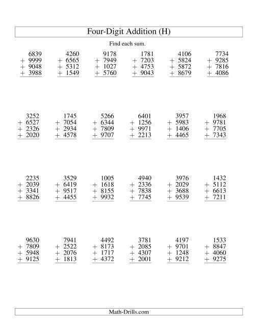 The Column Addition -- Four Four-Digit Numbers (H) Math Worksheet