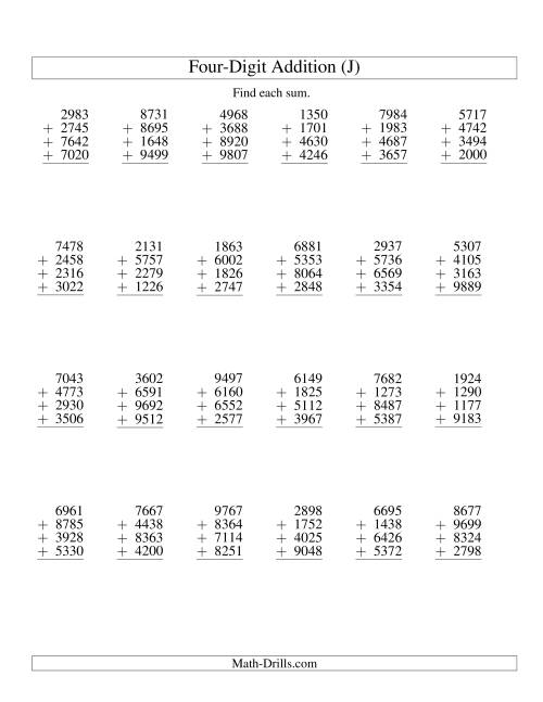 The Column Addition -- Four Four-Digit Numbers (J) Math Worksheet