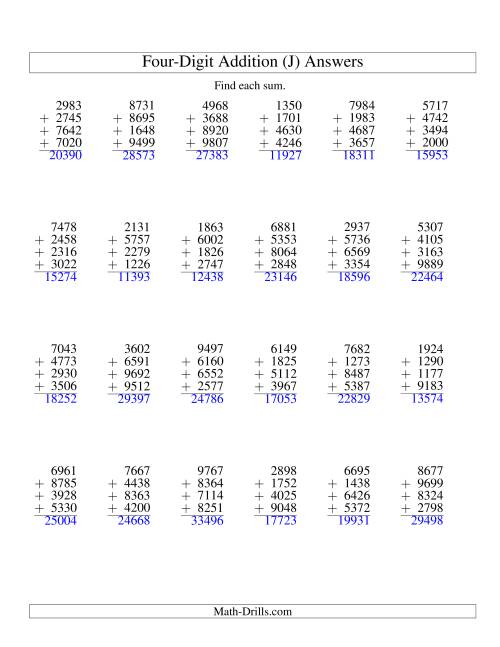 The Column Addition -- Four Four-Digit Numbers (J) Math Worksheet Page 2