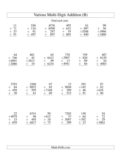 The Column Addition -- Four Various-Digit Numbers (B) Math Worksheet