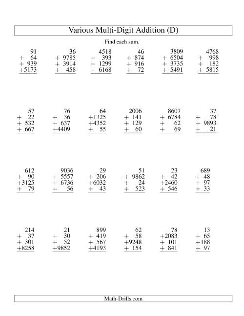 The Column Addition -- Four Various-Digit Numbers (D) Math Worksheet