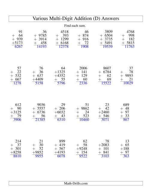 The Column Addition -- Four Various-Digit Numbers (D) Math Worksheet Page 2