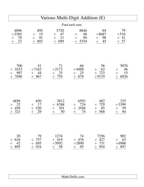 The Column Addition -- Four Various-Digit Numbers (E) Math Worksheet