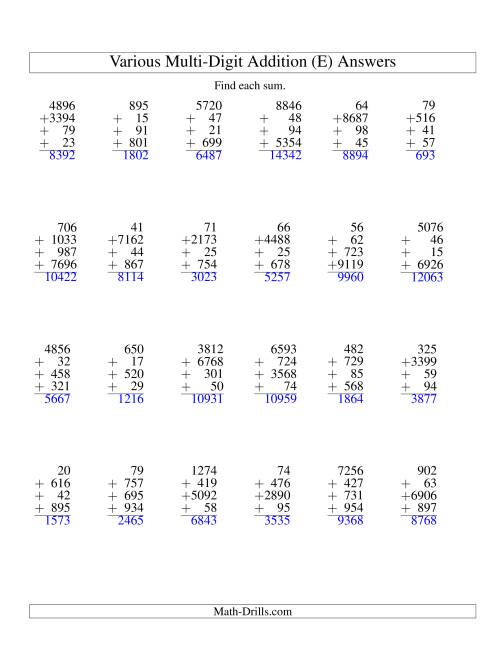 The Column Addition -- Four Various-Digit Numbers (E) Math Worksheet Page 2