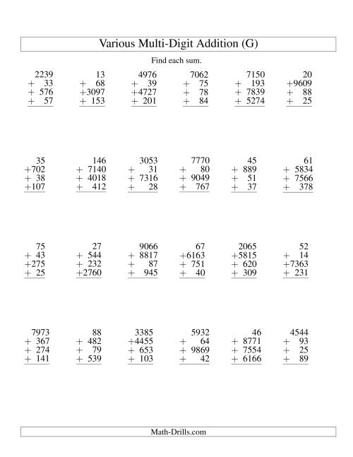 The Column Addition -- Four Various-Digit Numbers (G) Math Worksheet