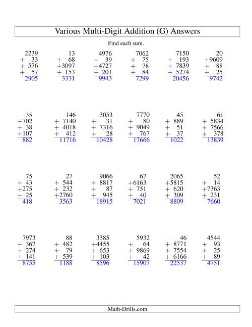 The Column Addition -- Four Various-Digit Numbers (G) Math Worksheet Page 2