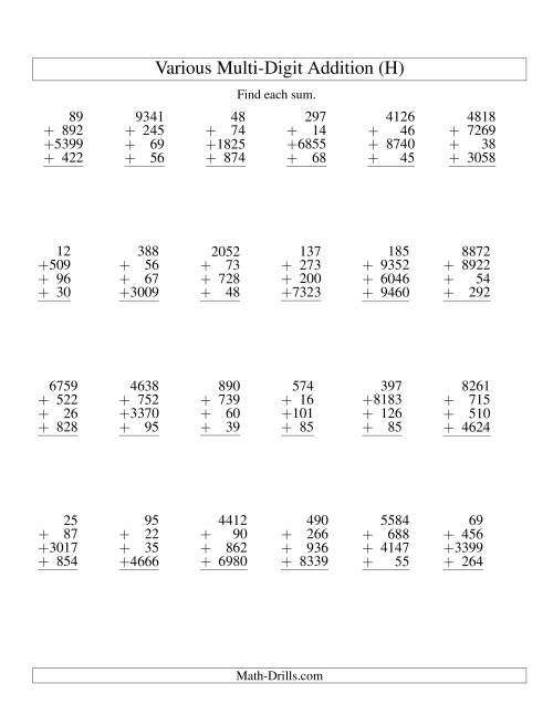 The Column Addition -- Four Various-Digit Numbers (H) Math Worksheet