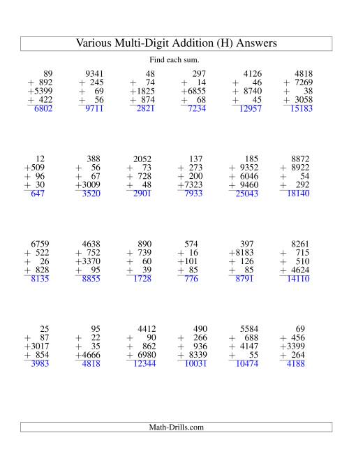 The Column Addition -- Four Various-Digit Numbers (H) Math Worksheet Page 2