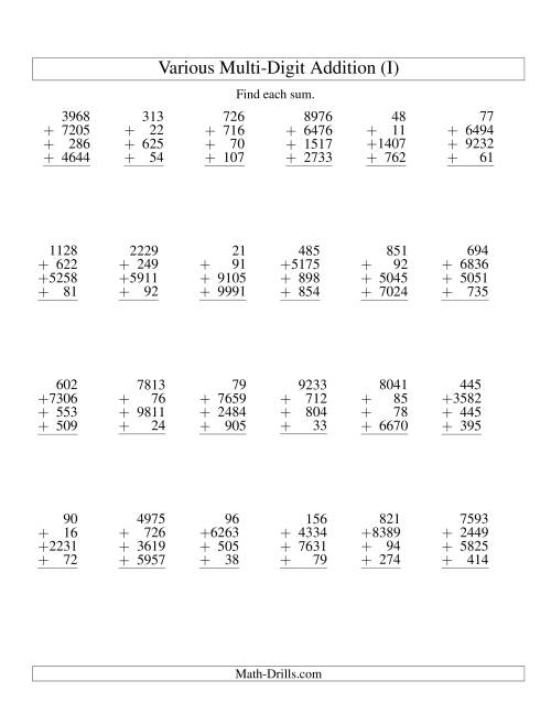The Column Addition -- Four Various-Digit Numbers (I) Math Worksheet