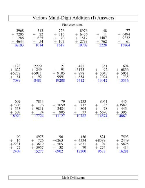 The Column Addition -- Four Various-Digit Numbers (I) Math Worksheet Page 2