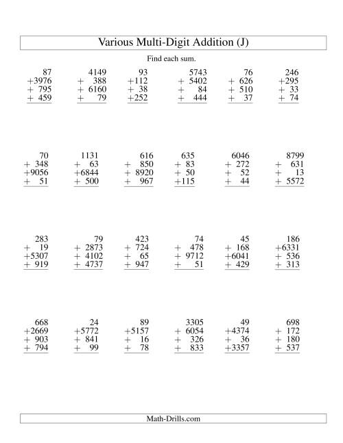 The Column Addition -- Four Various-Digit Numbers (J) Math Worksheet