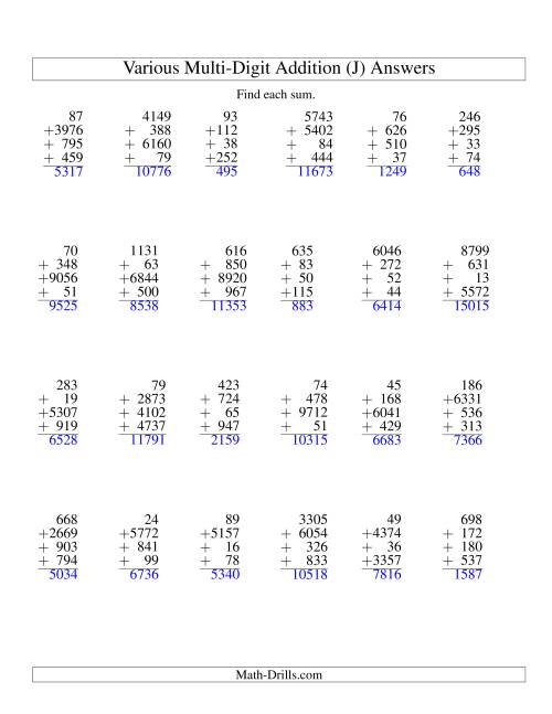 The Column Addition -- Four Various-Digit Numbers (J) Math Worksheet Page 2