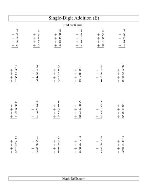 The Column Addition -- Five One-Digit Numbers (E) Math Worksheet
