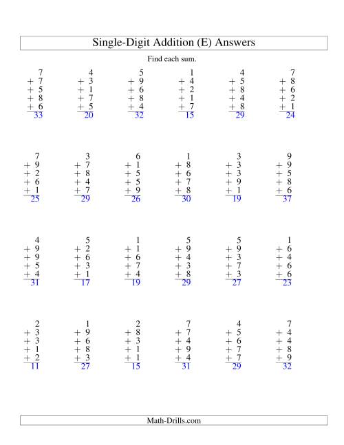 The Column Addition -- Five One-Digit Numbers (E) Math Worksheet Page 2