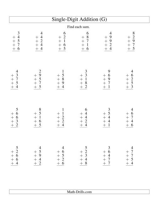 The Column Addition -- Five One-Digit Numbers (G) Math Worksheet