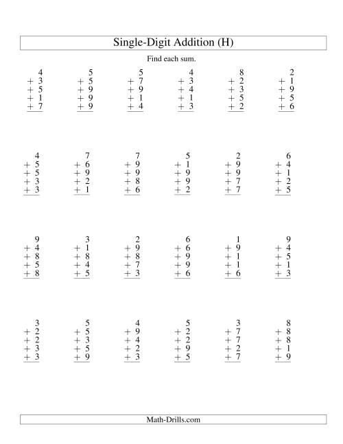 The Column Addition -- Five One-Digit Numbers (H) Math Worksheet