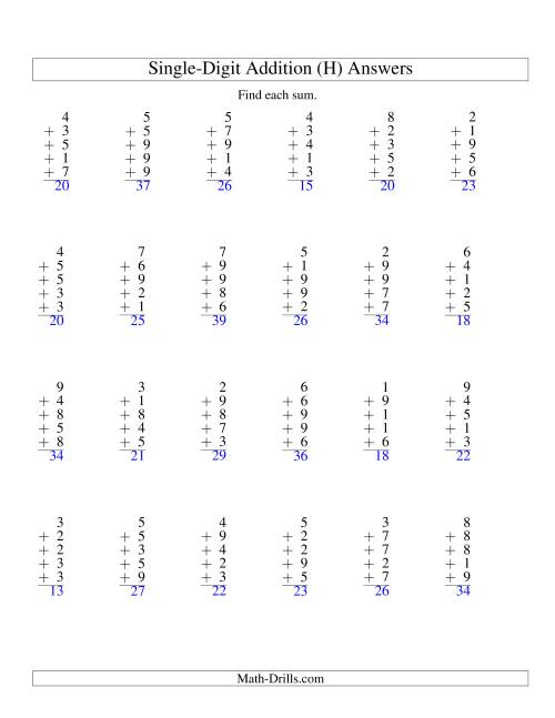 The Column Addition -- Five One-Digit Numbers (H) Math Worksheet Page 2