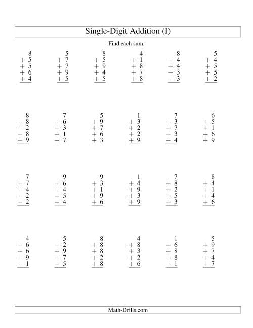 The Column Addition -- Five One-Digit Numbers (I) Math Worksheet