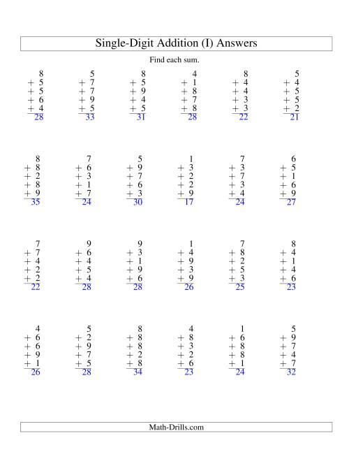 The Column Addition -- Five One-Digit Numbers (I) Math Worksheet Page 2