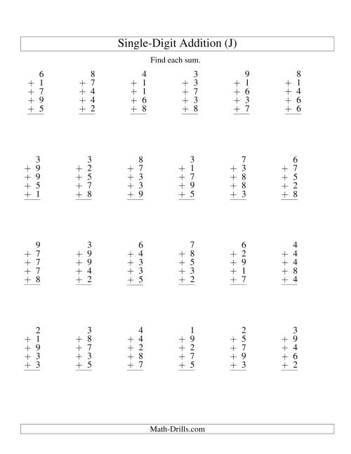 The Column Addition -- Five One-Digit Numbers (J) Math Worksheet