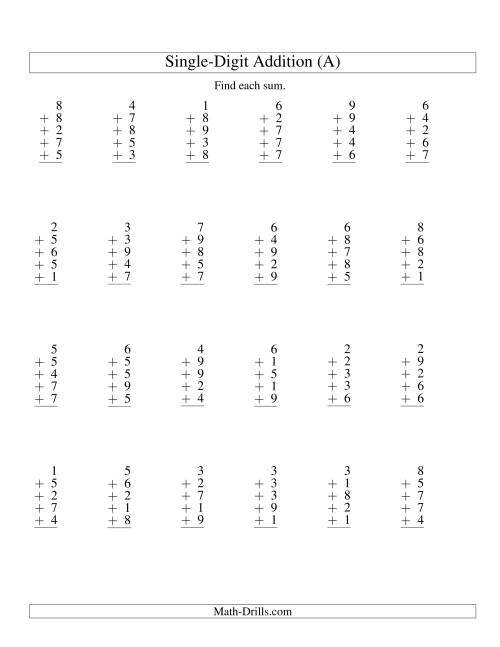 The Column Addition -- Five One-Digit Numbers (All) Math Worksheet