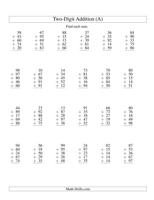 The Column Addition -- Five Two-Digit Numbers (A) Math Worksheet