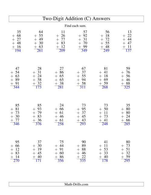The Column Addition -- Five Two-Digit Numbers (C) Math Worksheet Page 2