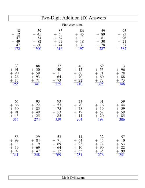 The Column Addition -- Five Two-Digit Numbers (D) Math Worksheet Page 2