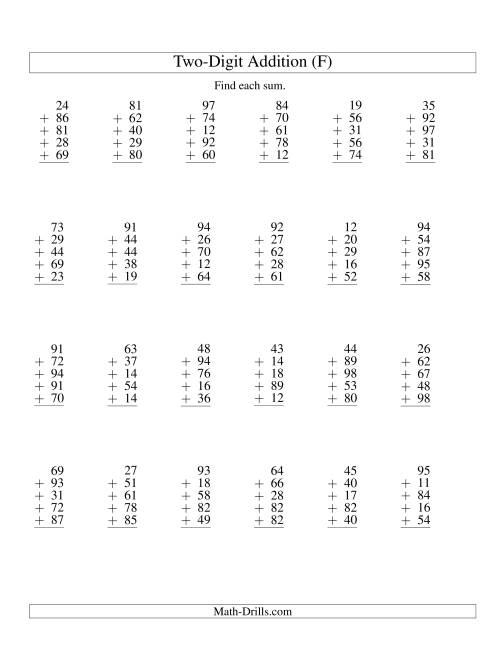 The Column Addition -- Five Two-Digit Numbers (F) Math Worksheet