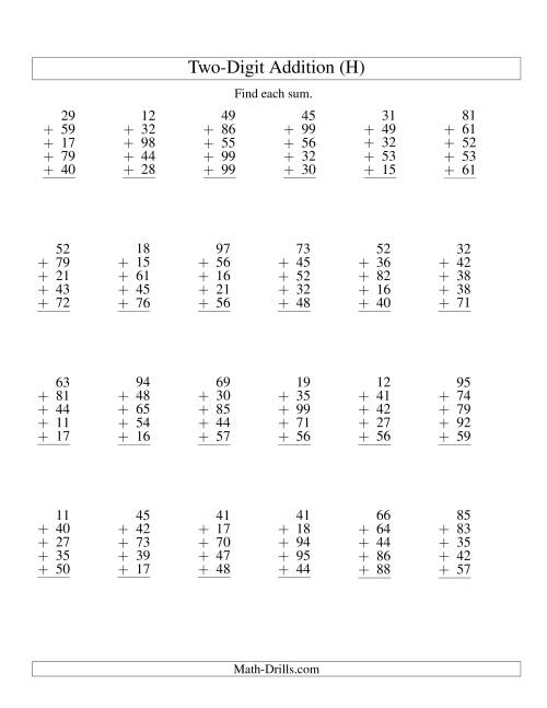 The Column Addition -- Five Two-Digit Numbers (H) Math Worksheet