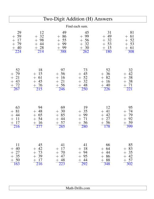The Column Addition -- Five Two-Digit Numbers (H) Math Worksheet Page 2