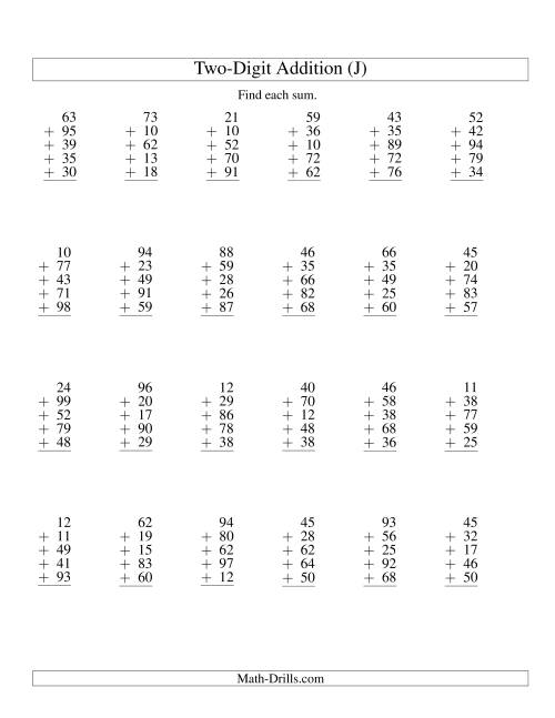 The Column Addition -- Five Two-Digit Numbers (J) Math Worksheet