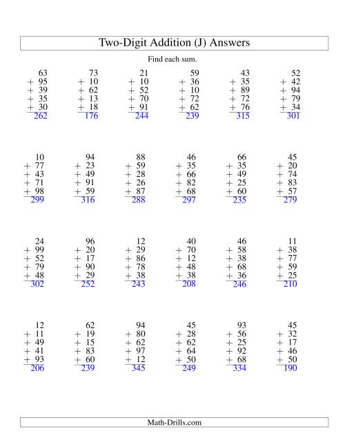 The Column Addition -- Five Two-Digit Numbers (J) Math Worksheet Page 2