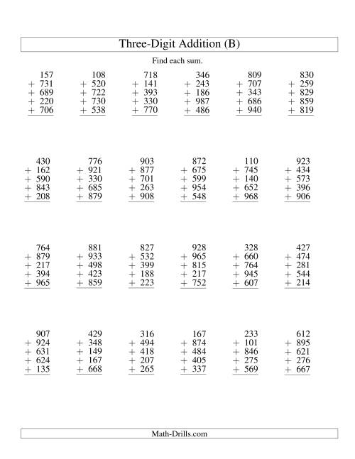 The Column Addition -- Five Three-Digit Numbers (B) Math Worksheet
