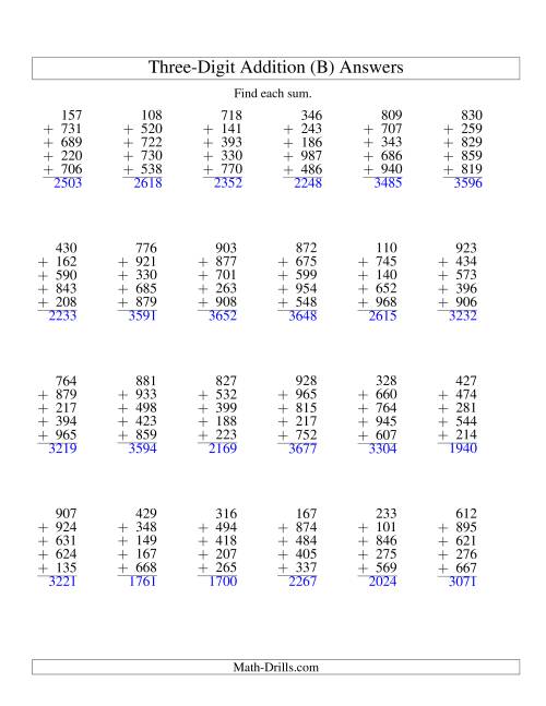 The Column Addition -- Five Three-Digit Numbers (B) Math Worksheet Page 2