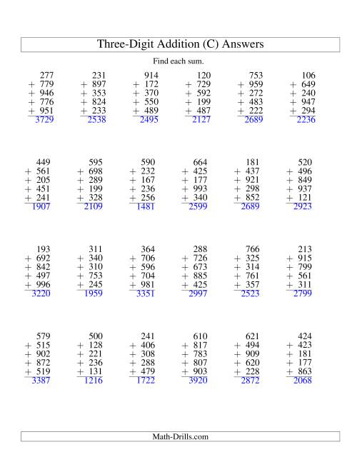 The Column Addition -- Five Three-Digit Numbers (C) Math Worksheet Page 2