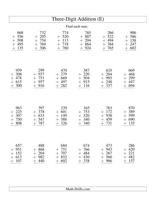 The Column Addition -- Five Three-Digit Numbers (E) Math Worksheet