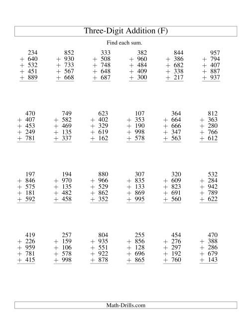 The Column Addition -- Five Three-Digit Numbers (F) Math Worksheet