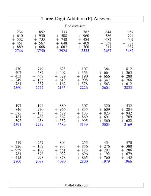 The Column Addition -- Five Three-Digit Numbers (F) Math Worksheet Page 2