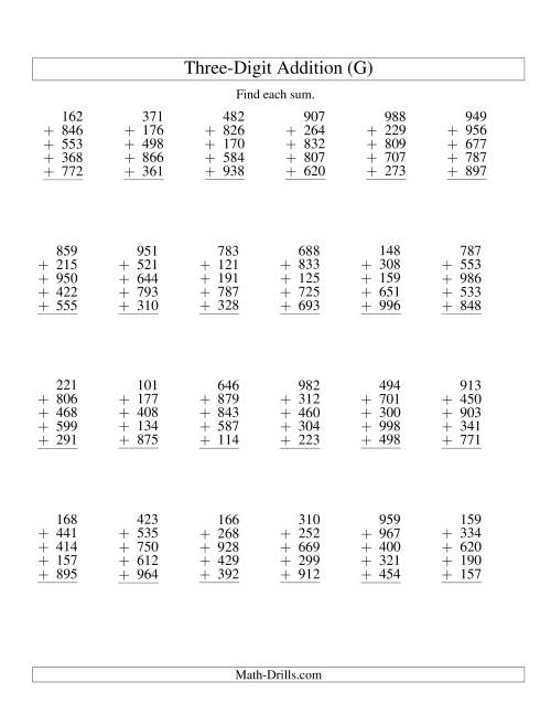The Column Addition -- Five Three-Digit Numbers (G) Math Worksheet