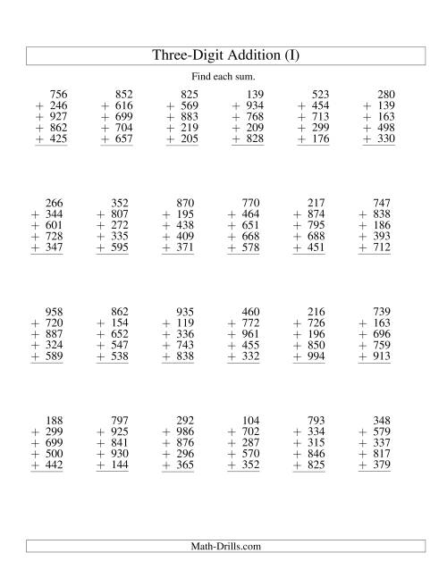 The Column Addition -- Five Three-Digit Numbers (I) Math Worksheet