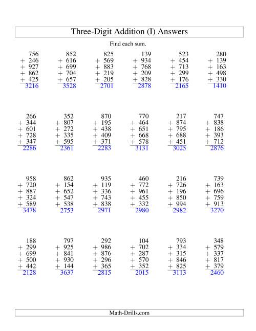 The Column Addition -- Five Three-Digit Numbers (I) Math Worksheet Page 2