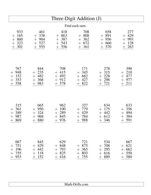 The Column Addition -- Five Three-Digit Numbers (J) Math Worksheet