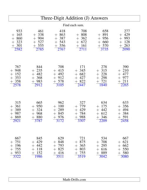 The Column Addition -- Five Three-Digit Numbers (J) Math Worksheet Page 2