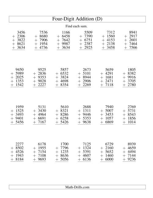 The Column Addition -- Five Four-Digit Numbers (D) Math Worksheet