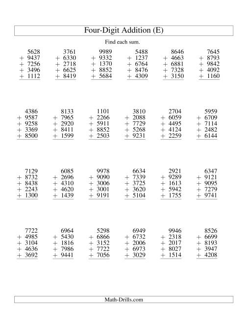The Column Addition -- Five Four-Digit Numbers (E) Math Worksheet