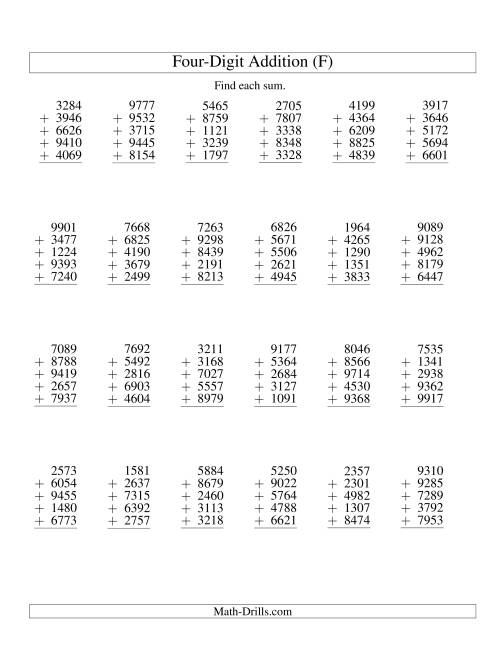 The Column Addition -- Five Four-Digit Numbers (F) Math Worksheet