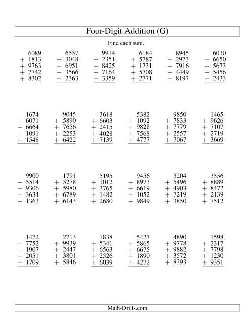 The Column Addition -- Five Four-Digit Numbers (G) Math Worksheet