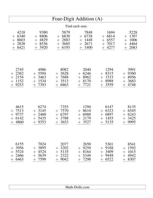 The Column Addition -- Five Four-Digit Numbers (All) Math Worksheet